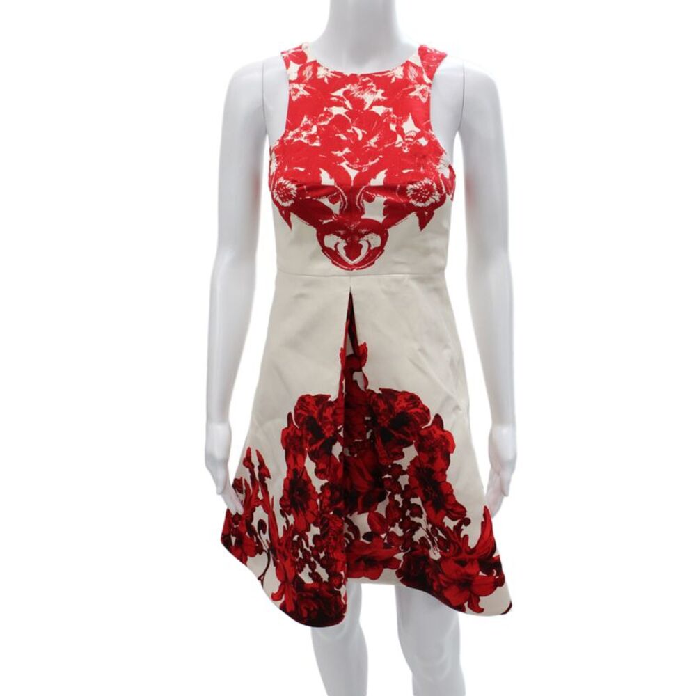 Tibi Women Fit & Flare Ivory Silk Floral Sleeveless Zip Knee Dress Size 0